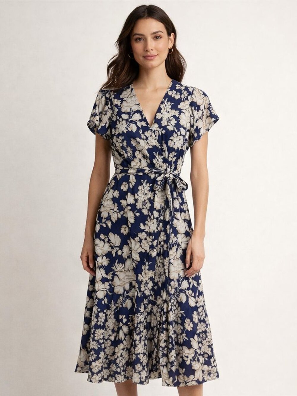 Nicole Miller New York Floral Satin Faux-Wrap Midi Dress Size Large